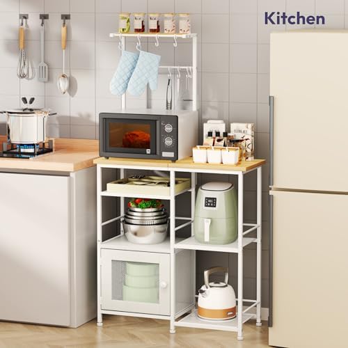 SWTYMIKI Bakers Rack with Storage - Coffee Bar Cabinet Organizer with 8 Hooks, Shelves & Cabinet Door, Coffee Station for Kitchen Dining Room, Microwave Stand with Adjustable Feet, White - Image 7