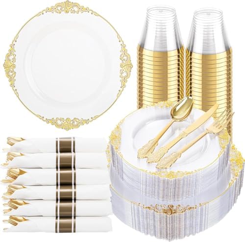 Hioasis 350 Pcs Clear Gold Plates for Party by Hioasis