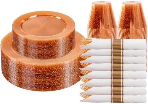 DaYammi 210PCS Orange Glitter Plastic Dinnerware Set for 30 Guests by DaYammiwillaccompanyyou