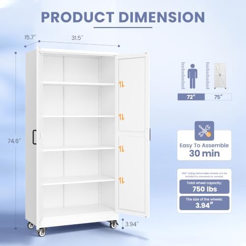 75"Metal Garage Storage Cabinets with Wheels & Adjustable 4 Shelves - Image 3