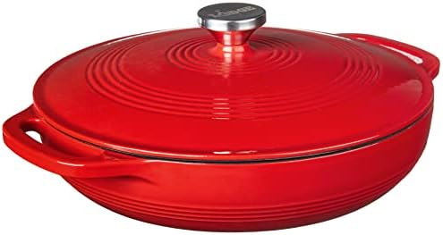 Lodge 3.6 Quart Enameled Cast Iron Covered Casserole with Lid – Dual Handles – Oven Safe up to 500° F or on Stovetop - Use to Marinate, Cook, Bake, Refrigerate and Serve – Solid Red by Lodge