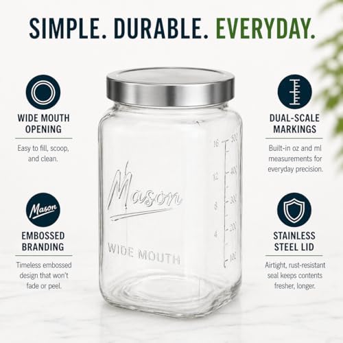 1 Gallon Glass Jars with Lids - Extra Large Mason Jars Wide Mouth with Airtight Metal Screw On Lids - Square Glass Storage Containers with Measurements for Flour, Sugar, Cookies & Pickling, 2 Pack - Image 2