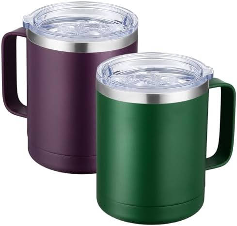 MEWAY 12oz Coffee Mug With Handle 2 Pack Bulk,Stainless Steel Insulated Travel Tumblers With Sliding Lid,Double Wall Vacuum Camping Cup for Hot & Cold Drinks Tea (Forest Green&Plum,Set of 2) by MEWAY