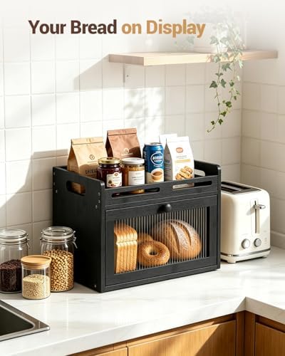 Bread Box for Kitchen Countertop, Bamboo Storage with Top Shelf, Black - Image 6