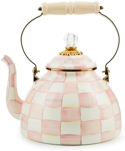 MACKENZIE-CHILDS Tea Kettle, 3 Quarts, Pink-and-White Rosy Check by Unknown