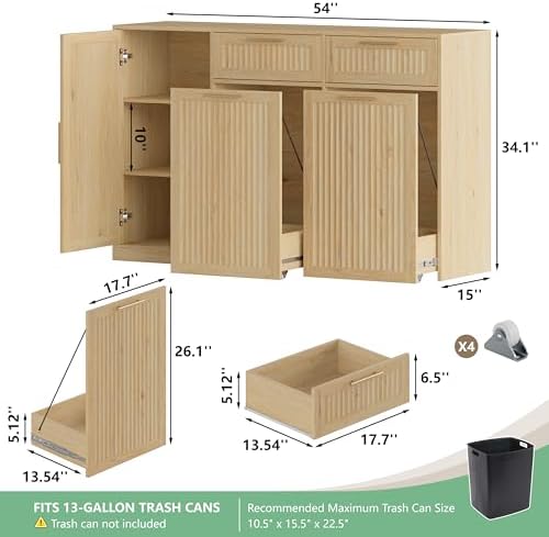 Double 13 Gallon Pull Out Trash Can Cabinet with Storage Cabinet,Natural - Image 2