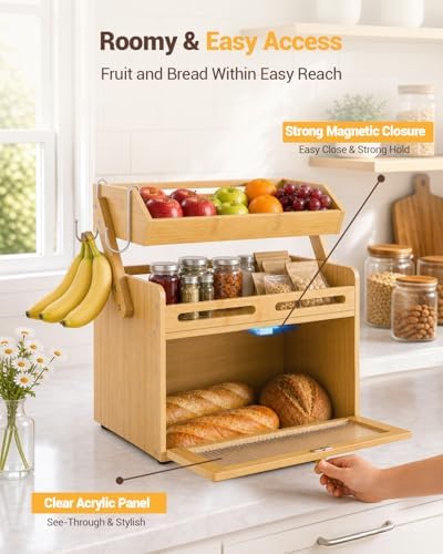 Bread Box for Kitchen Countertop, Bamboo Bread Storage with Fruit Basket - Image 4