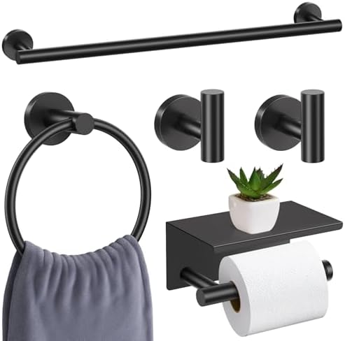 Matte Black Bathroom Hardware Set, 5 Pieces Black Towel Bar Bathroom Accessories Set, Upgraded Toilet Paper Holder with Shelf, 23.6 Inch Towel Rack Towel Holder for Bathroom Wall by SOAEZ