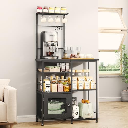 SWTYMIKI Bakers Rack with Storage - Coffee Bar Cabinet Organizer with 8 Hooks, Shelves & Cabinet Door, Coffee Station for Kitchen Dining Room, Microwave Stand with Adjustable Feet, Black by SwtyMiki-TidyHomeSweetLife