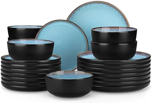 vancasso Plates and Bowls Sets, 24 Pieces Stoneware Dinnerware Sets for 8, Kitchen Dish Set Mircowave and Dishwasher Safe Ceramic Dishware, Blue, Series AMBER by vancasso