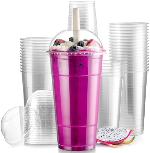 Fit Meal Prep 50 Pack 32 oz Disposable Plastic Coffee Cups with Dome Lids, To Go Iced Coffee Cups with Lids, BPA Free Clear Parfait Cups for Party, Smoothie, Bubble Boba, Juice, Frappuccino, Milkshake by FMPBRANDS