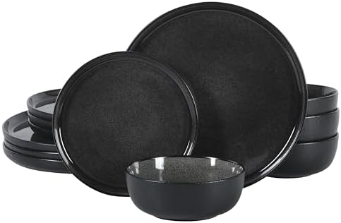 Gibson Elite Tahoe Sunset 12 Piece Stoneware Reactive Glaze (Service for 4) Ceramic Plates and Bowls Dinnerware Set - Black by GibsonHomewares