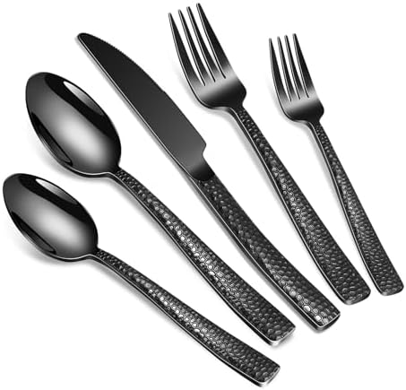 Remoxye 40-Piece Silverware Set, Black Hammered Stainless Steel Flatware Sets for 8, Food-Grade Tableware Set, Including Fork Knife Spoon Set, Durable Home Kitchen Cutlery Sets, Dishwasher Safe by Remoxye