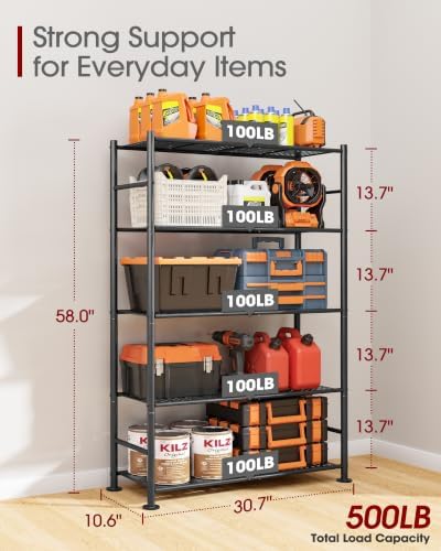 Sakugi 5-Tier Garage Shelving Unit - Heavy-Duty Metal Storage Shelves, Anti-Tip with Leveling Feet, Stable Storage for Kitchen, Pantry and Living Room Organization (Black, 30.7" x 10.6" x 58") - Image 3