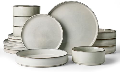 Famiware Annecy 16-Piece Dinnerware Set with Pasta Bowls, Grey White by Famiware