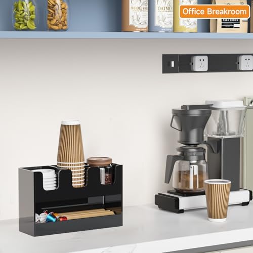 Beego 4-Compartment Cup Holder for Countertop - 2-Tier Black Acrylic Cup Dispenser Coffee Station Paper Cup and Lid Organizer Condiment Storage for Restaurant Breakroom Kitchen Bar Accessories - Image 3