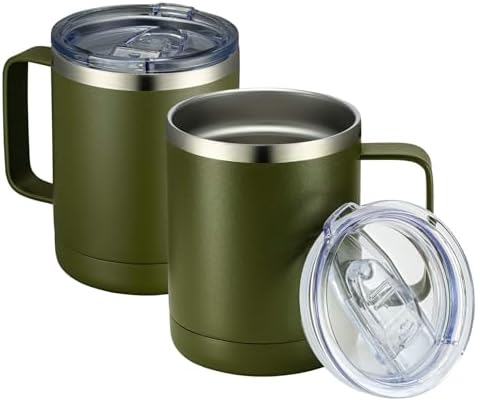 MEWAY 12oz Coffee Mug With Handle 2 Pack Bulk,Stainless Steel Insulated Travel Tumblers With Sliding Lid,Double Wall Vacuum Camping Cup for Hot & Cold Drinks Tea (Army Green,Set of 2) by MEWAY