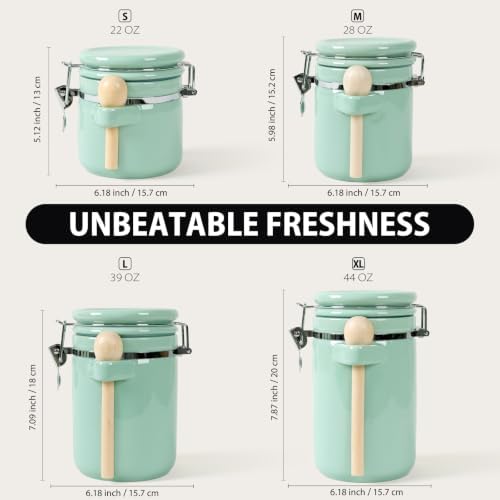 4 Piece Airtight Ceramic Canister Set With Attached Wooden Spoon Reusable Chalk Labels For Dry Goods Sugar Coffee Tea Kitchen Storage Use (Mint Green) - Image 4