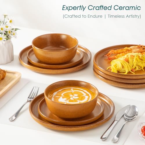 vancasso Plates and Bowls Sets, 24 Pieces Stoneware Dinnerware Set for 8, Ceramic Dish Set for Kitchen, Microwave and Dishwasher Safe, Caramel Yellow, Series ZERMATT - Image 5