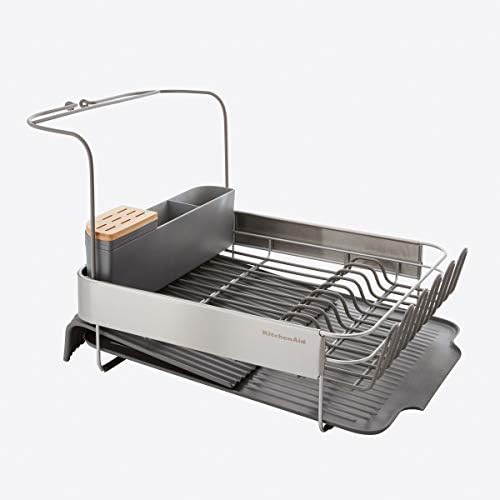 KitchenAid Compact to Full Size Expandable, Rust Resistant Satin Coated Dish Rack with Angled Self Draining Drain Board and Removable Flatware Caddy, 24-Inch, Charcoal - Image 2