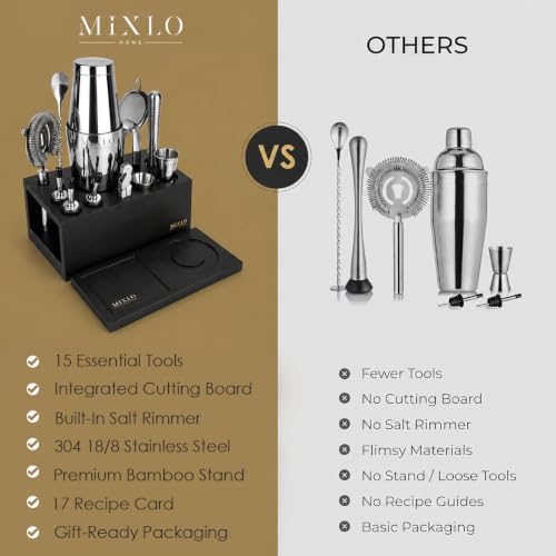 Mixology Bartender Kit -15Pcs Bar Set Cocktail Shaker Set w Black Bar Cart Accessories Stand - Shakers Bartending Silver Tools, 24oz Shaker, 17 Recipe Cards, Martini Barware - Image 4