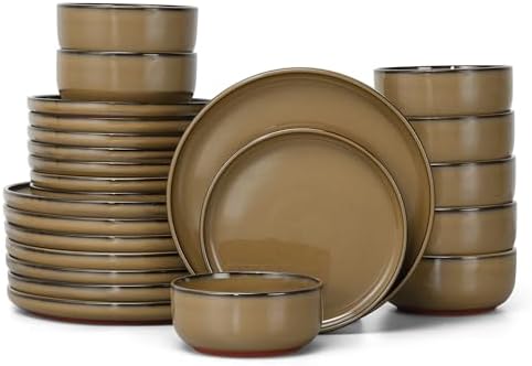 E-far Stoneware Dinnerware Sets for 8, 24 Pieces Reactive Glaze Plates and Bowls Sets, Elegant Dishes with Rustic Terracotta Clay Base, Dishwasher & Microwave Safe, Scratch Resistant, Desert Camel by E-far