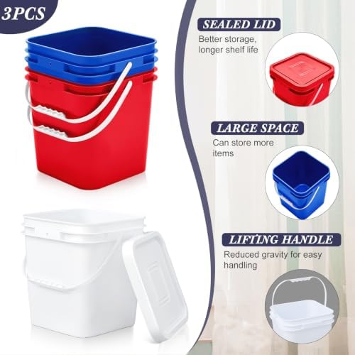 Mumufy 3 Pcs 3.5 Gallon Square Food Grade Bucket with Lid Square Bucket Pail Plastic Handles for Long Term Food Storage, Camping, Fishing, Home Organization Easy Stack and Store (White,Red,Blue) - Image 3