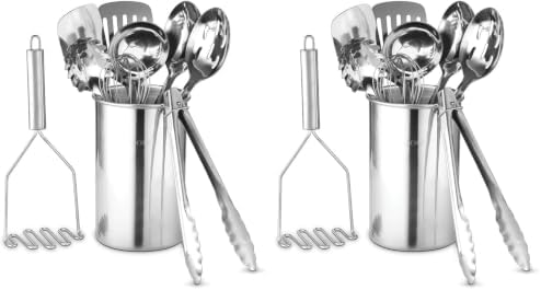 Avador® Premium Set of 10 Stainless Steel Kitchen Tool Set with Holder Easy To Clean, Space Saving, Great for Cooking, Baking, Prepping (Pack of 2) by AVADOR