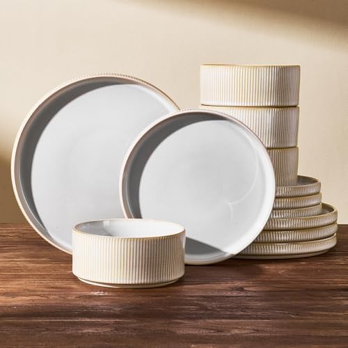 Dinnerware Set for 4, Reactive Glaze Plates and Bowls Sets by FamiwarePremium