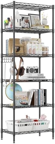 Homdox 6-Tier Storage Shelf Wire Shelving Unit Free Standing Rack Organization Adjustable Leveling Feet, Stainless Side Hooks, Black by HOMDOX