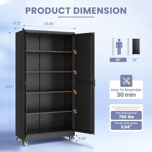 72"Metal Garage Storage Cabinets with Wheels & Adjustable 4 Shelves - Image 3