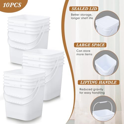 Mumufy 10 Pcs 3.5 Gallon Food Grade Bucket with Lid, Square, White - Image 3