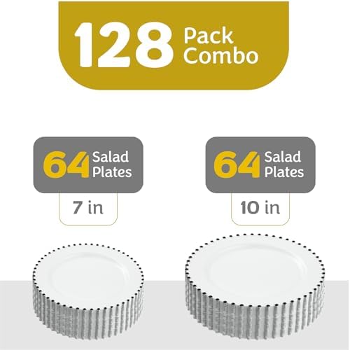 PLASTICPRO 128 Piece Combo Plastic Dinner Plates Disposable Plastic Fancy Heavy Duty Party Dishes 7 inch and 10 inch, White and Black Beaded - Image 4