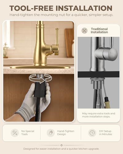 WEWE Vintage Kitchen Faucet, Pull-Down Sprayer, Brushed Gold, High Arc - Image 6