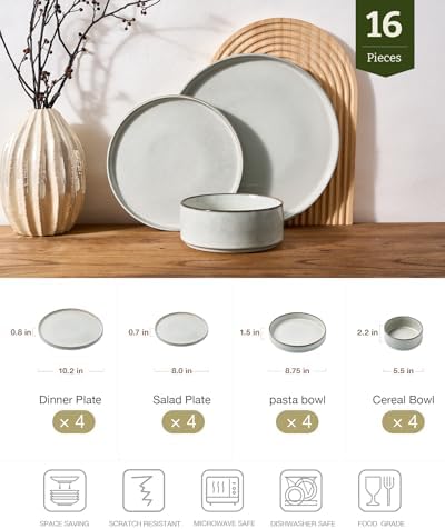 Famiware Annecy 16-Piece Dinnerware Set with Pasta Bowls, Grey White - Image 2