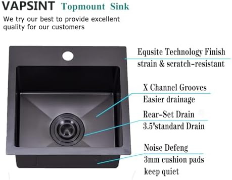 VAPSINT 15x15 Inch Black Drop In Bar Sink, Single Bowl Top Mount Handmade Gunmetal Black Wet Bar Prep RV Sink, 16 Guage Stainless Steel Outdoor Small Kitchen Sinks with Grid & Drain Strainer - Image 5