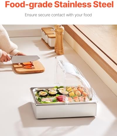 VEVOR Countertop Food Serving Display Container, 1 x 1/2 Pan Stainless Steel Food Serving Tray, Buffet Condiment Dispenser Display Rack with Clear Lid & Ice Tray, for Restaurant Hotel Kitchen Party - Image 2