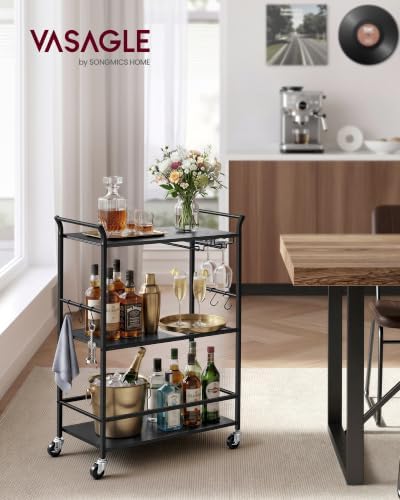 VASAGLE Bar Cart with Wheels, Drink Cart with Wine Rack and Glass Holder - Image 2