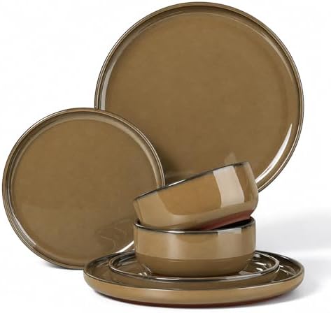 E-far Stoneware Dinnerware Sets for 2, 6 Pieces Reactive Glaze Plates and Bowls Sets, Elegant Dishes with Rustic Terracotta Base, Dishwasher & Microwave Safe, Scratch Resistant, Deep Camel by E-far