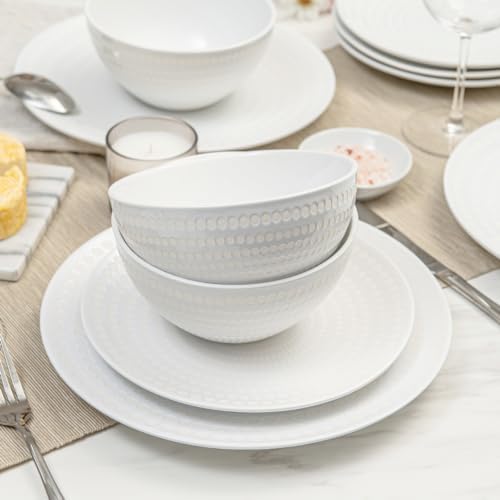 BZYOO Ceramic Dinnerware Set Serive for 4 (12 Pieces), Stoneware Plates and Bowls for Dining Pearl White Dishes Set With DOTDOT Design, Microwave Safe (12 PCS Dishes and Bow set, Bijou Collection) - Image 2
