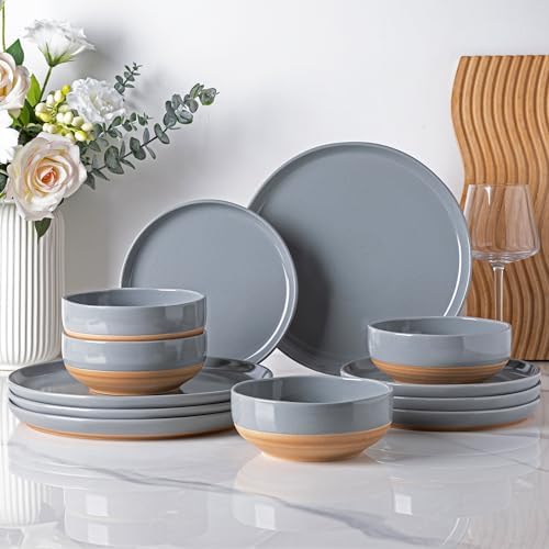 AmorArc Dinnerware Sets for 4, 12 Pieces Ceramic Plates and Bowls Set by AmorArc