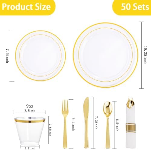 DaYammi 350PCS Clear Gold Plastic Dinnerware Set for 50 Guests - Image 4