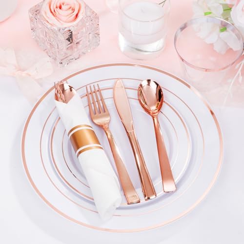 DaYammi 350PCS Rose Gold Plastic Dinnerware Set for 50 Guests, Plastic Plates for Party Include: 50 Dinner Plates, 50 Dessert plates,50 Pre Rolled Napkins with Rose Gold Silverware,50 Cups for Wedding - Image 3