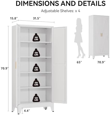 COFaR 71" Metal Pantry Cabinet with 5 Adjustable Shelves, White Storage Cabinet with Doors, Sturdy Freestanding Cupboard for Kitchen Organization, Living Room & Bathroom - Image 2