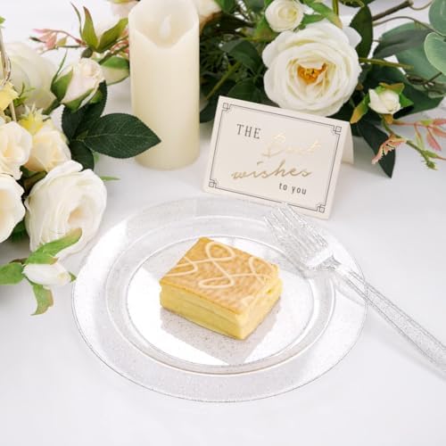 WDF 120PCS Silver Plastic Plates- Disposable Silver Glitter Plates - 60Pcs 10.25" Dinner Plates and 60 Pcs 7.5" Salad Plates for Wedding/Birthday/Party - Image 3