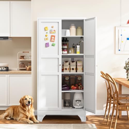 71" White Kitchen Pantry Storage Metal Storage Cabinet 4 Adjustable Shelves by Yizosh
