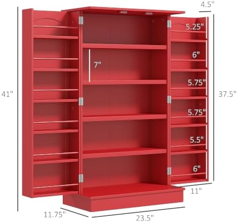 HOMCOM 41" Kitchen Pantry Storage Cabinet 12 Door Shelves Red - Image 3