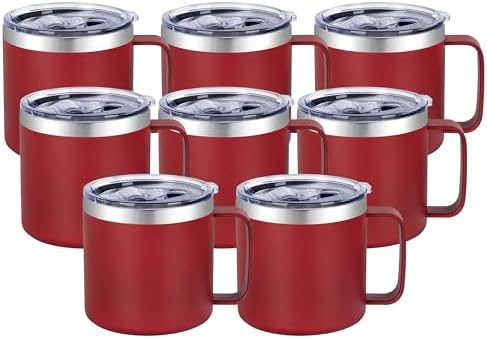 VEGOND 14 oz Insulated Coffee Mug Bulk with Handle, Stainless Steel Travel Coffee Mug with Lid, Double Wall Vacuum Metal Coffee Cup, Coffee Tumbler Powder Coated, Red 8 Pack by VEGOND