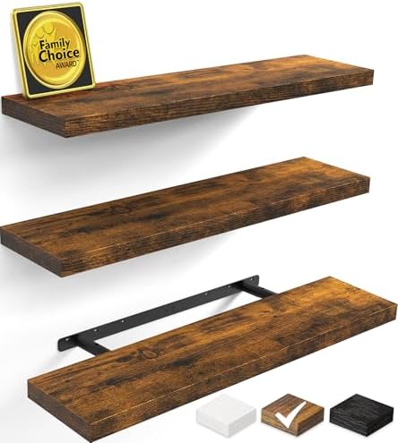 BAYKA Rustic Brown Floating Shelves 35.4in, Set of 3, Wall Mount Wood Shelf by Bayka
