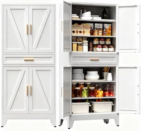 COFaR 71" Tall Kitchen Pantry, Farmhouse Storage Cabinet with Doors and Shelves, Metal Cabinet with Drawers and Legs, for Cupboard/Dining Room/Bathroom/Living Room/Office/Laundry Room (White). by COFAR